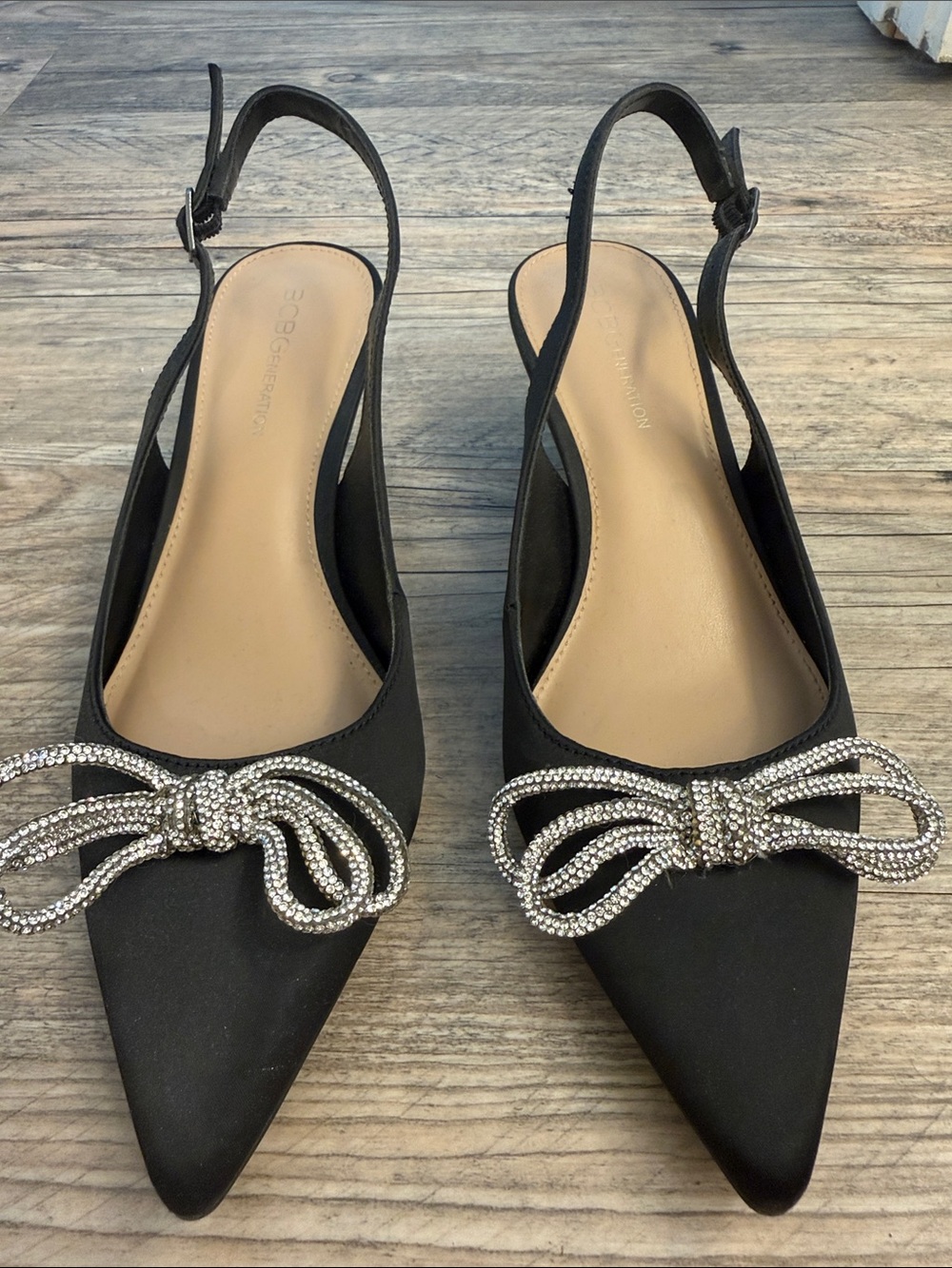 BCBG Black Pointed Slingback Flats with Rhinestone Bow